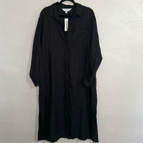 NWT The Drop Womens XL Black 100% Linen Button Front Long Shirt Dress Midi - Picture 1 of 8